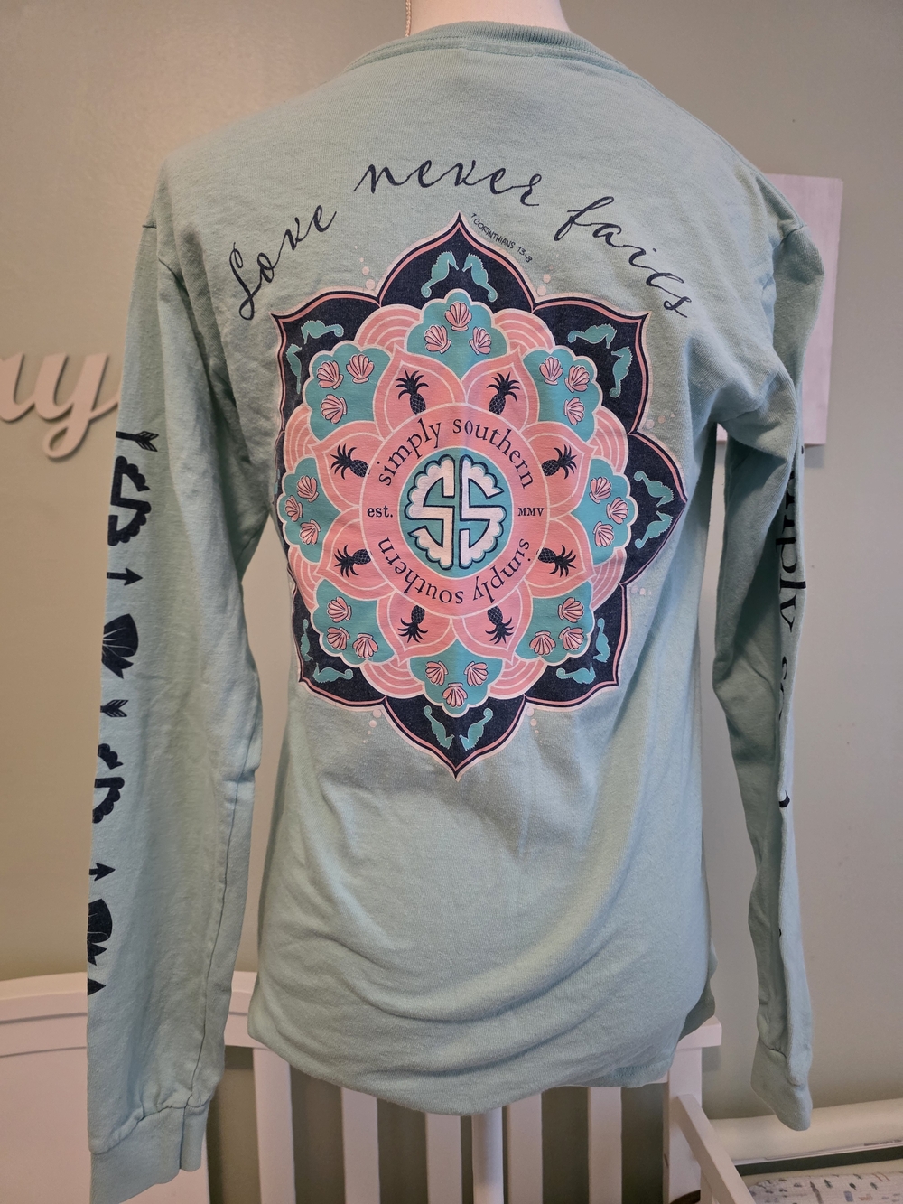 Simply Southern Mint Green Long Sleeve Tee with Pink & Navy Mandala